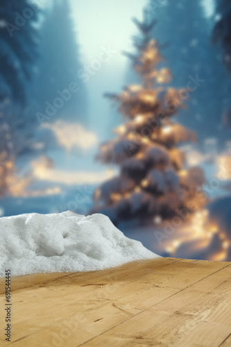 Wooden desk of free space for your decoration and winter landscape. Christmas time in mountains. Cold december time and mockup background for your products. New year time . © magdal3na