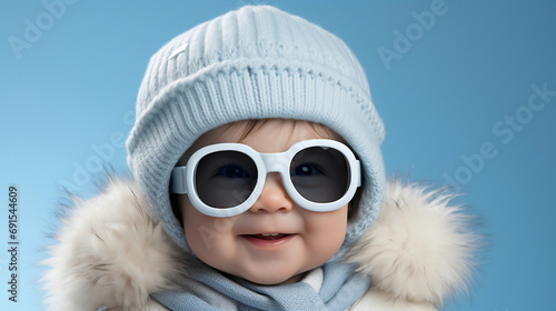 Funny baby child wearing big glasses and winter coat and hat Isolated on blue background. Portrait of two amazed cheerful friends friendship wearing specs good mood, copy space