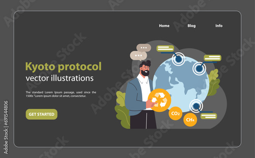 Man presenting Kyoto Protocol initiatives, highlighting global commitment to reduce greenhouse gases. Promoting environmental responsibility. Flat vector illustration. photo