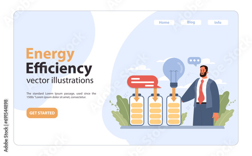 Energy Efficiency concept. Professional man monitors battery levels, showcasing energy conservation with glowing bulb. Advancement in power saving technologies. Flat vector illustration