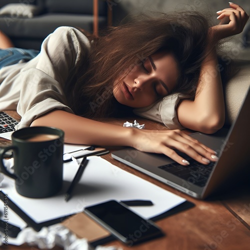 a woman sleeping on a table with a laptop and a cup of coffee, very emotional, tired half closed, lying dynamic pose photo