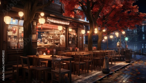 Small eatery at night with wooden tables and chairs
