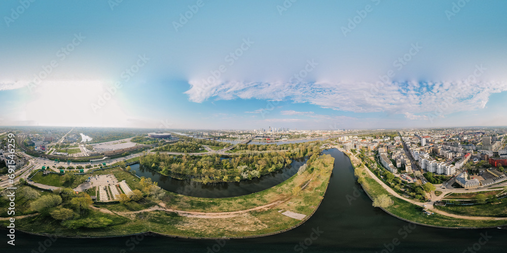 Beautiful sunset panoramic aerial drone view to panorama of Warsaw modern City with skyscraper and The PGE Narodowy National Stadium 360 - obrazy, fototapety, plakaty 