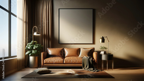 Modern living room interior with elegant leather sofa  artwork frame mockup hanging on the wall  empty frame on wall for art  green plant accent  cozy home design with natural light  chic urban home