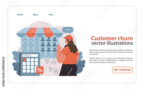 Customer churn concept. Concerned woman observing store's dwindling sales, with calculator showing losses. Evaluating business performance. Flat vector illustration.