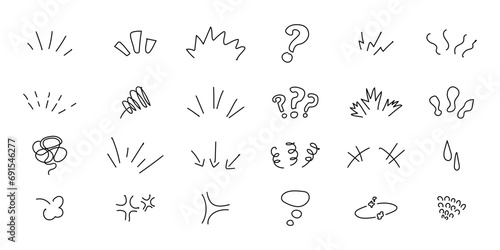 Japanese manga line elements for character emotions Hand drawn doodles in cute style.