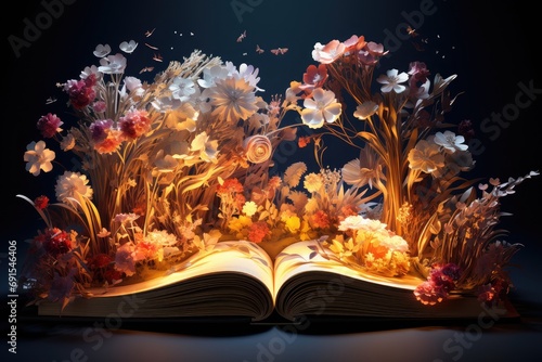 Open book with colorful flowers and trees