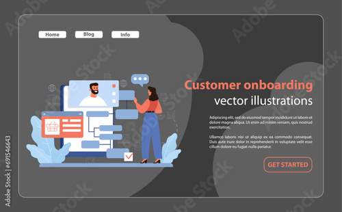 Woman engages in a digital customer onboarding process, interfacing with man's profile and various online tools, ensuring a smooth start. Digital transition made easy. Flat vector illustration.