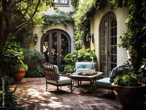 A beautifully tiled outdoor courtyard in Mediterranean style, surrounded by lush greenery and flowers.