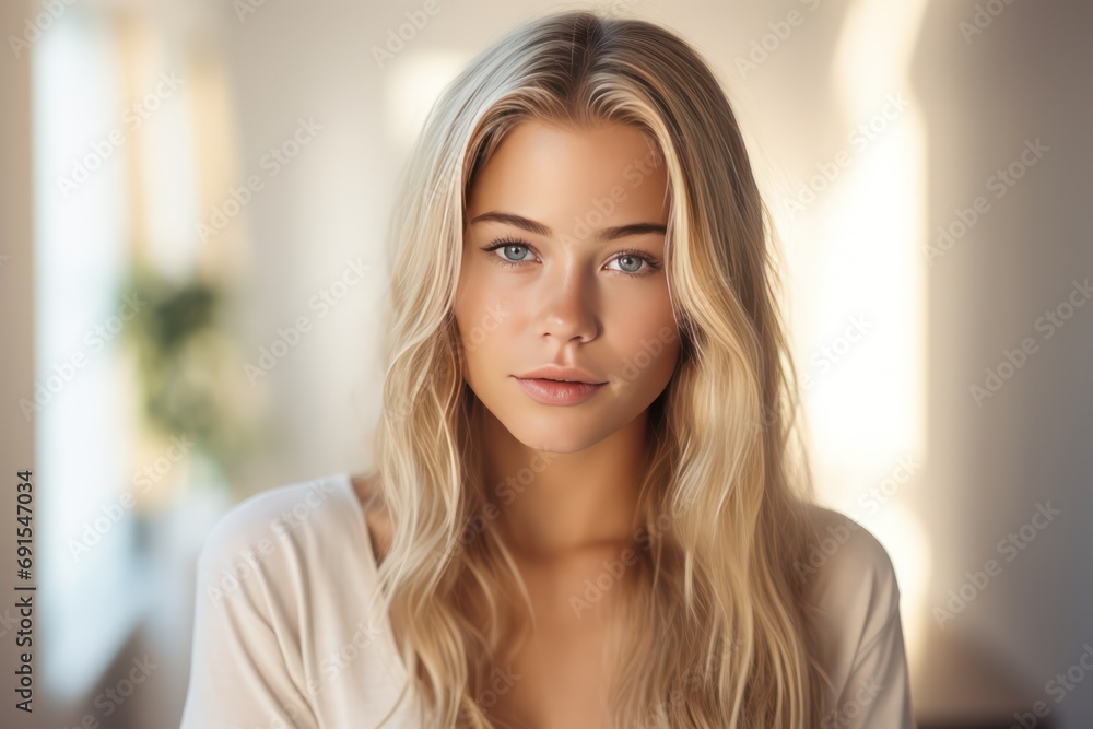 Beautiful charming blond smiling young woman looking at the camera