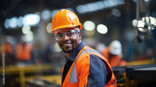 Portrait of smiling african-american worker in hardhat at factory