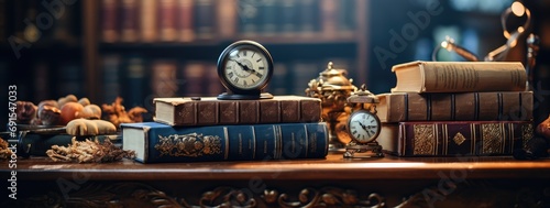 several books with antique clock on a table in a library photo