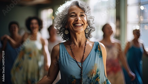 Senior woman smiling while dancing in a gym with other elderly women at the dancing class. photo