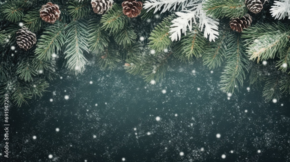 Christmas tree branches on a dark background with copyspace close-up, top view