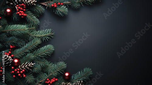 Christmas tree branches on a dark background with copyspace close-up  top view