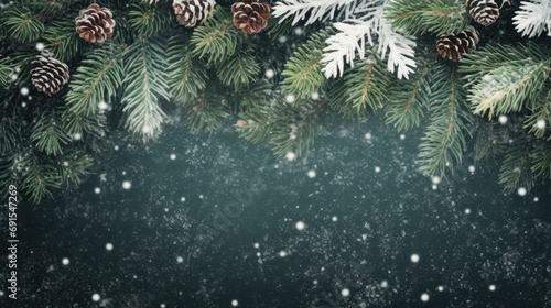 Christmas tree branches on a dark background with copyspace close-up, top view