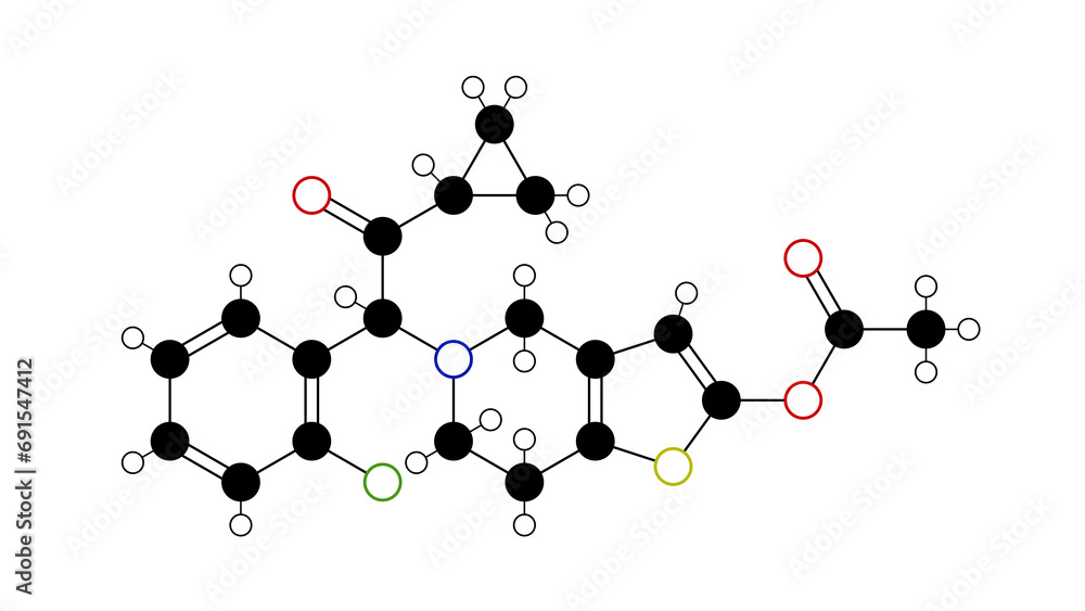Naklejka premium prasugrel molecule, structural chemical formula, ball-and-stick model, isolated image platelet-aggregation inhibitors