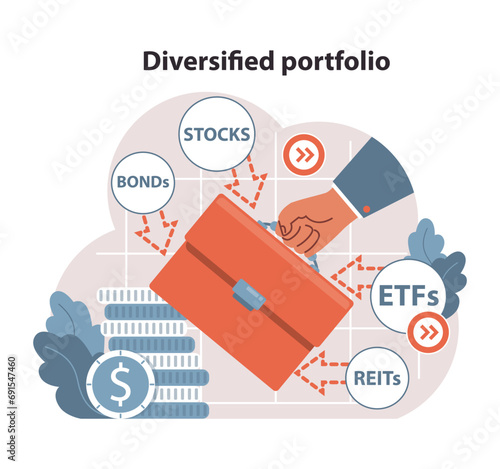 Hand curates a diverse investment mix. Emphasis on stocks, bonds, ETF, and REIT in portfolio. Smart financial strategy representation. Flat vector illustration