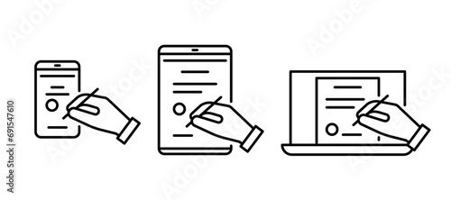 Digital signature on electronic document, line icon set. Online agreement signing, distance contract on smartphone, tablet and notebook. Vector