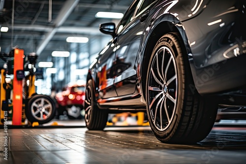 Car, tire and wheel at service station on the background of cars. © Photo And Art Panda