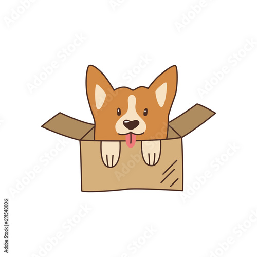 Cute little corgi in a cardboard box. Shelter a pet. Kawaii vector illustration.