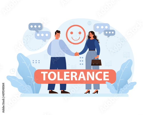 Promoting tolerance in the workplace. Man and woman shaking hands, highlighting mutual respect and unity amidst diversity. Embracing differences for cohesive teamwork. Flat vector illustration.