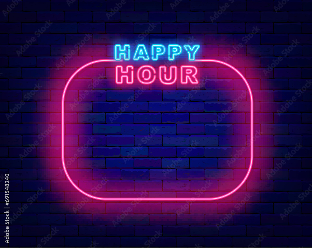 Happy hour neon advertising. Free entry. Discount for cafe, bar, Winning surprise. Pink border. Vector illustration