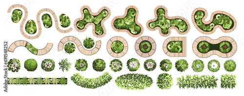 Top view elements for the landscape design plan. Trees and benches for architectural floor plans. Entourage design. Various trees, bushes, and shrubs. Vector illustration.