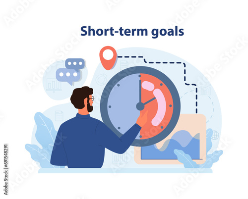Short-term Goals concept. Man adjusting a giant clock, reflecting immediate tasks and deadlines. Time management. Achieving quick wins. Urgency awareness. Flat vector illustration