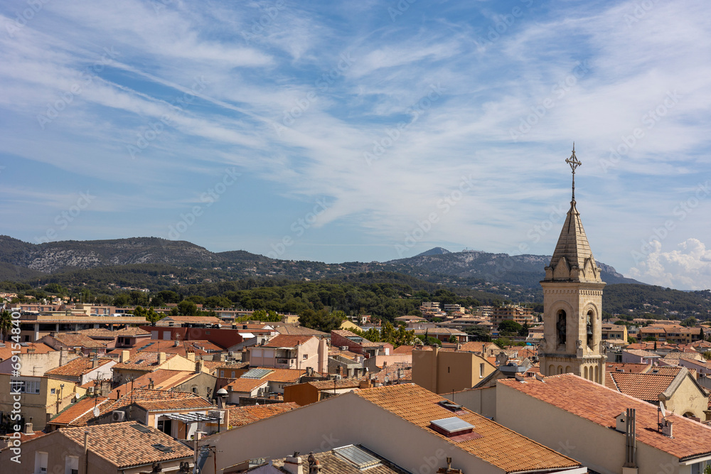 View over town with church tower