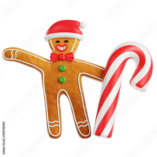Gingerbread Man Dancing with Candy Cane 3D Illustration
