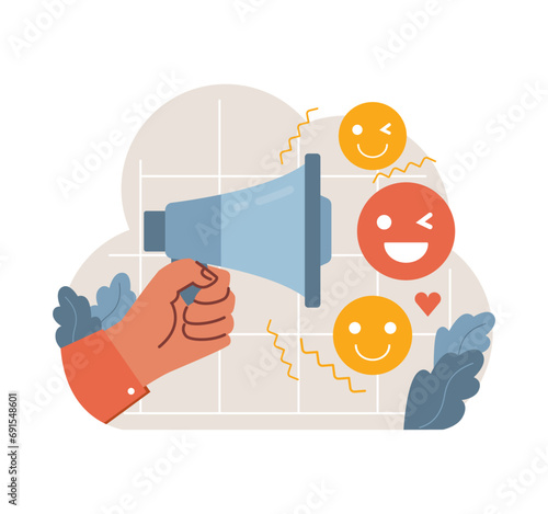 Spreading joy through voice. Hand holding megaphone emitting cheerful emoticons. Communication, positive vibes, expression. Sharing happiness. Flat vector illustration