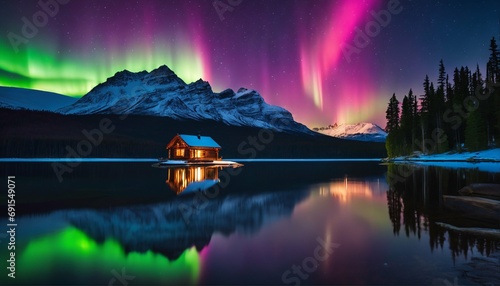 Aurora borealis over log cabin with lights on at night - picturesque, natural phenomenon