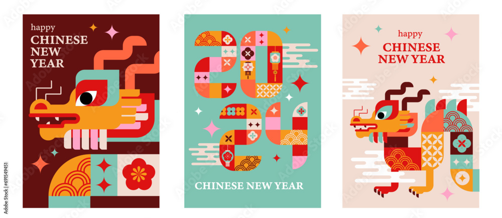 Fototapeta premium Posters Set for 2024 Chinese New Year. Vector illustration. Asian Clouds, Lanterns, Dragon and Flowers 