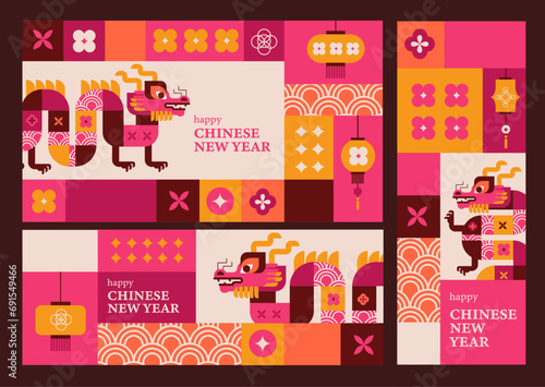 Posters Set for 2024 Chinese New Year. Vector illustration. Asian Clouds  Lanterns  Dragon and Flowers 