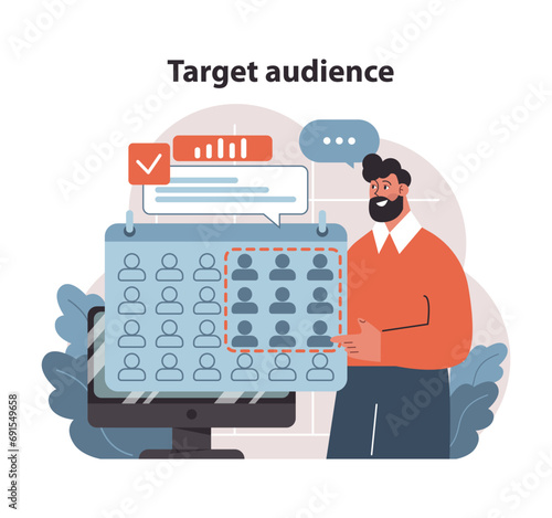 Market penetration concept. A savvy marketer identifies target audience on a dynamic dashboard. Harnessing data to reach the right clientele. Audience segmentation. Flat vector illustration.