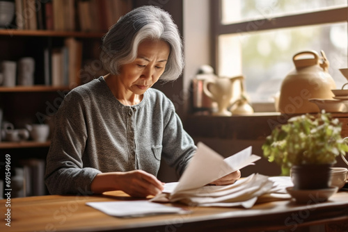 A mature asian woman reads a letter, annoyed and worried photo