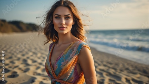 Happy beautiful woman on long colorful dress on a beach background from Generative AI