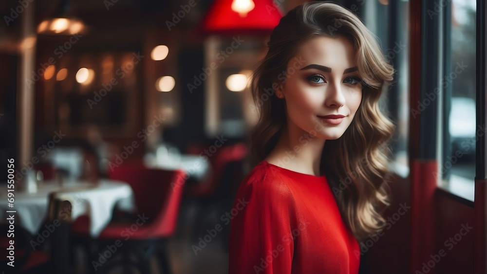 Obraz premium Happy beautiful girl on red dress on a restaurant cafe background from Generative AI