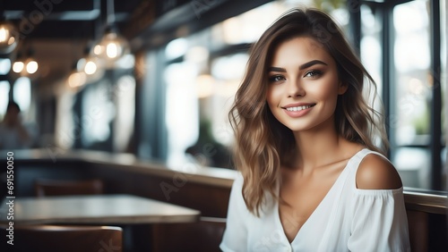 Happy beautiful girl on white dress on a restaurant cafe background from Generative AI