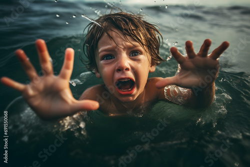 Drowning child boy with a very frightened face and raising his hands screams asking for help in the water of a river, lake, sea photo