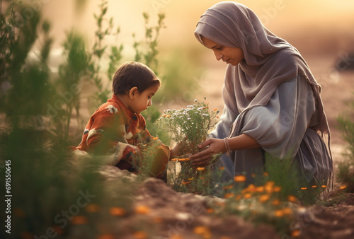An arab mother with a child gardening in the garden © artefacti