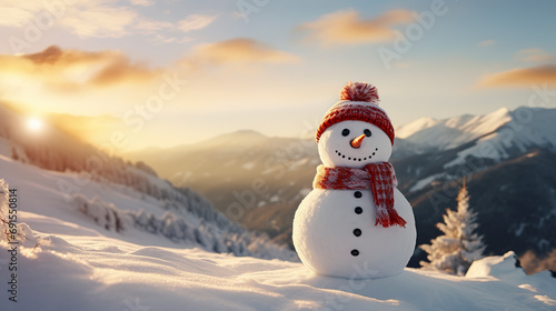 A snowman as guardian of ice on a majestic mountain top. Snowman with reddish cloak and crowned with winter hat in a vast of snowy scenery. © Vagner Castro