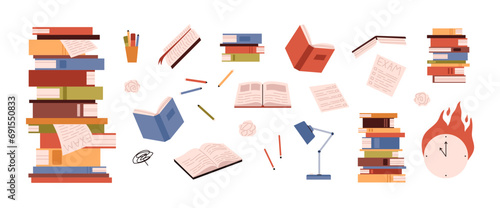 High pile of books burning hours, crumpled sheets and pencils, school literature and encyclopedias, exam education set