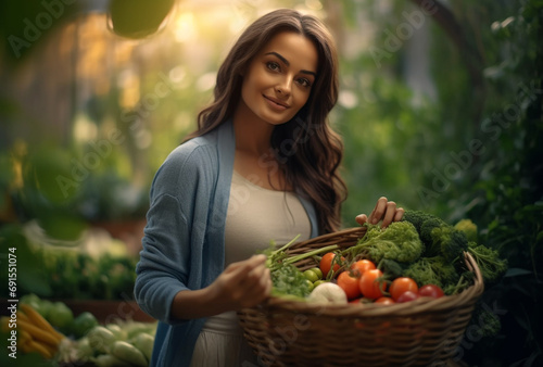 young attractive arabic woman with a basket full of fresh vegetables in a garden