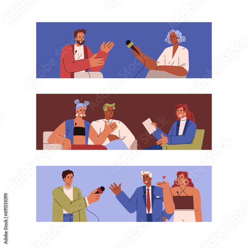 Tv show with guest and journalist, dialogue, news reporter or television presenter interviewing celebrity vector set