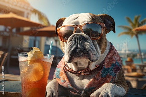 Bulldog anglais avec des lunettes de soleil devant un cocktail au soleil sur une terrasse. Bulldog with sunglasses in front of a cocktail in the sun on a terrace. © Jerome Mettling