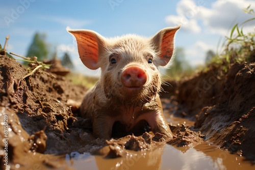 Un porcelet dans la boue par une journée ensoleillée. A piglet in the mud on a sunny day. photo