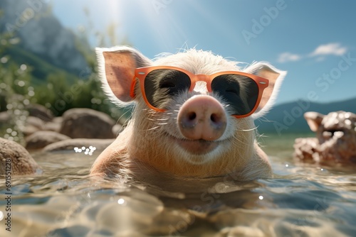 Un cochon avec des lunettes de soleil assis dans l'eau à la plage. A pig with sunglasses sitting in the water at the beach. photo