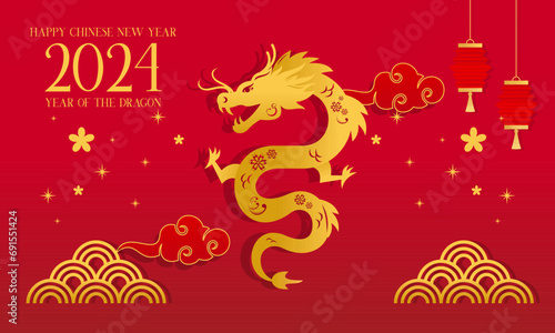 Happy Lunar New Year  Chinese New Year 2024  Year of the Dragon Zodiac with Chinese Dragon Gold on a Red Background